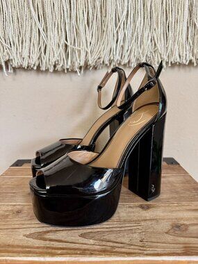 Sam Edelman Black Patent Kori Ankle Strap Peep Toe Platform Block Heels Size 7